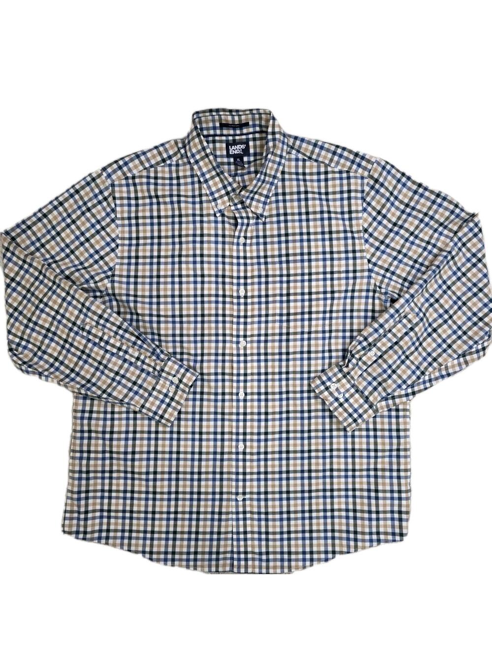 Lands' End Shirt Mens Size XL Blue Plaid No Iron Twill Button Up Long Sleeve